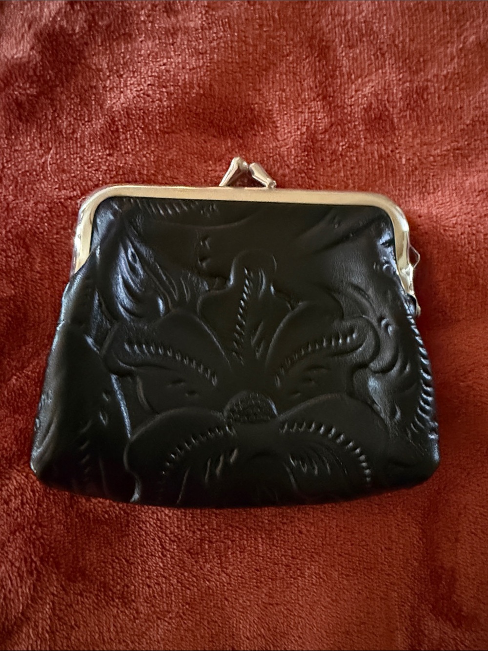 Patricia Nash Black Embossed Floral Leather Coin Purse with Silver Frame